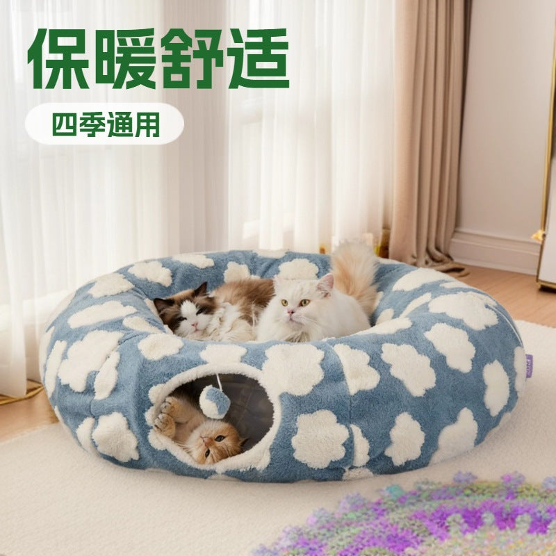Soft cotton fleece warm pet tunnel bed, play and sleep in one, detachable and washable cat tunnel bed