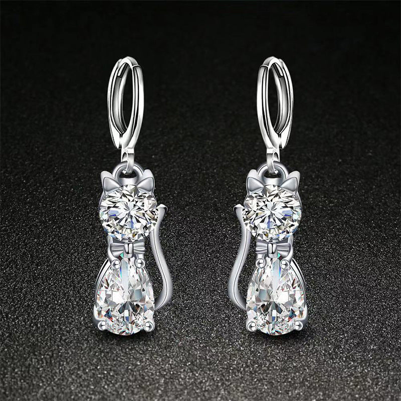 Silver Cubic Zirconia Kitty Pendant & Earrings